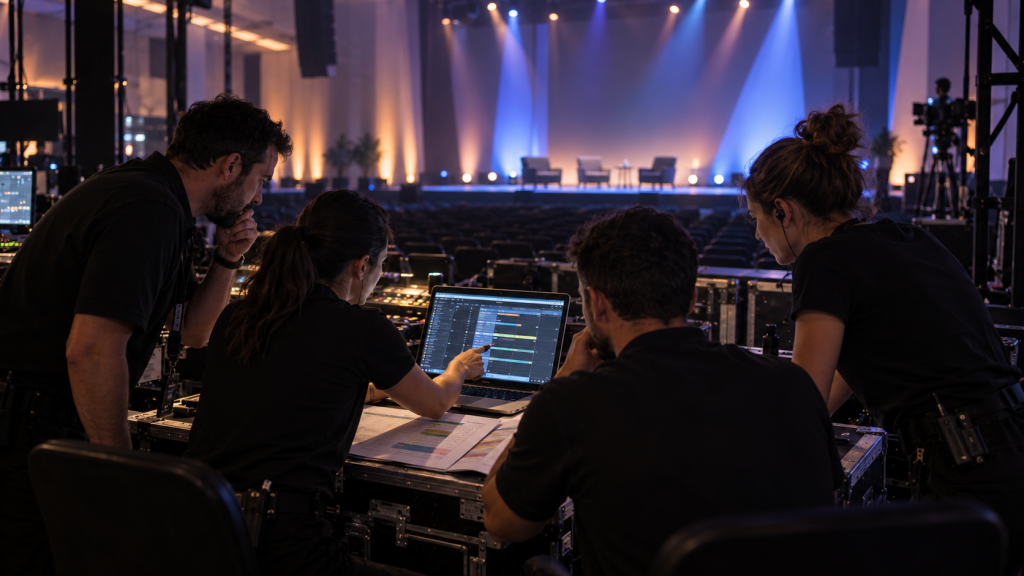 Equipo de producción audiovisual revisando la escaleta de un evento antes de la apertura de puertas