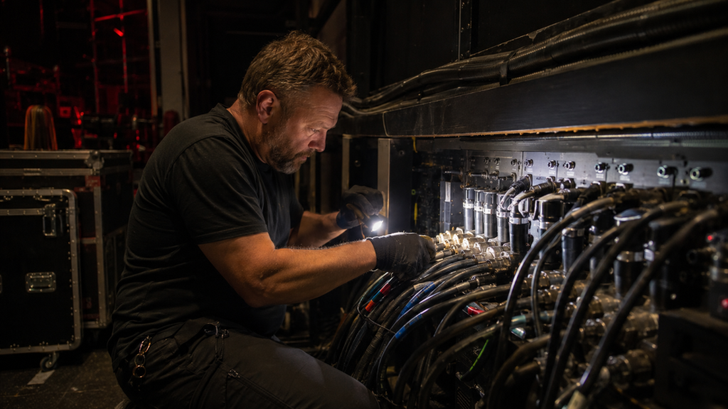 Técnico especializado revisando conexiones eléctricas y cableado en el backstage de un evento