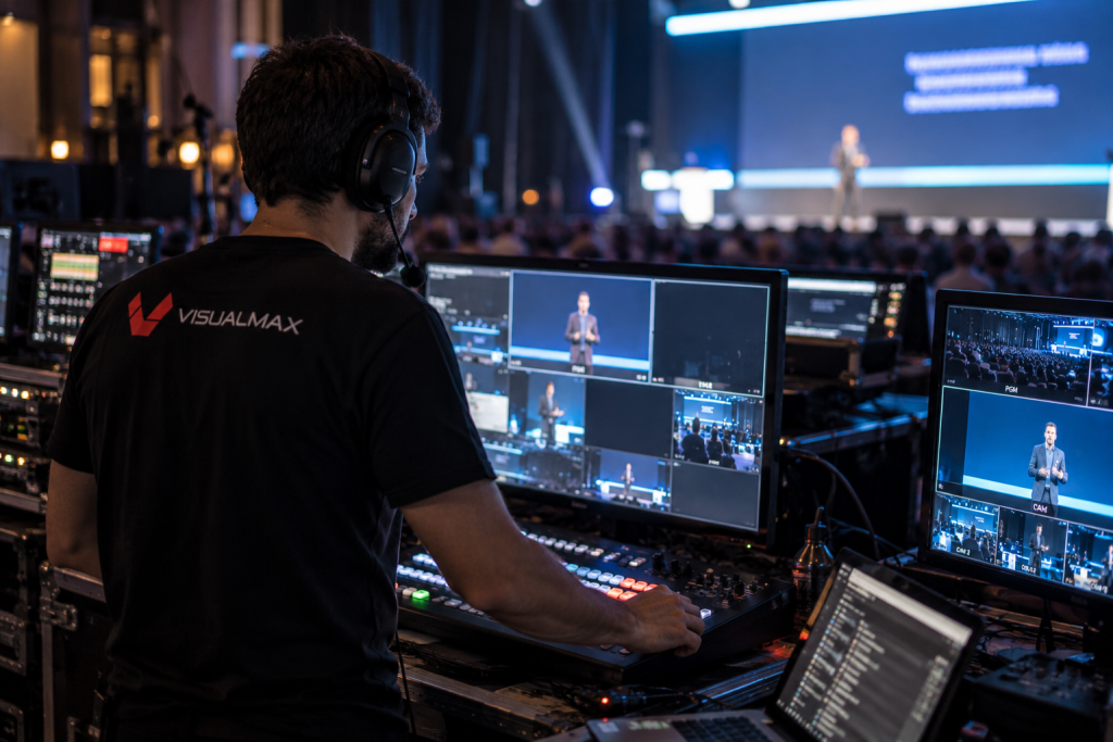 Técnico de Visualmax coordinando los contenidos de una presentación desde la mesa de control del evento