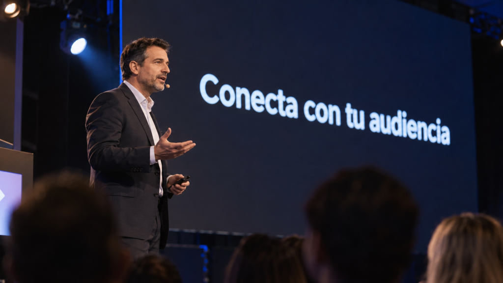 Ponente hablando en un evento corporativo junto a una pantalla LED con una única frase en grande