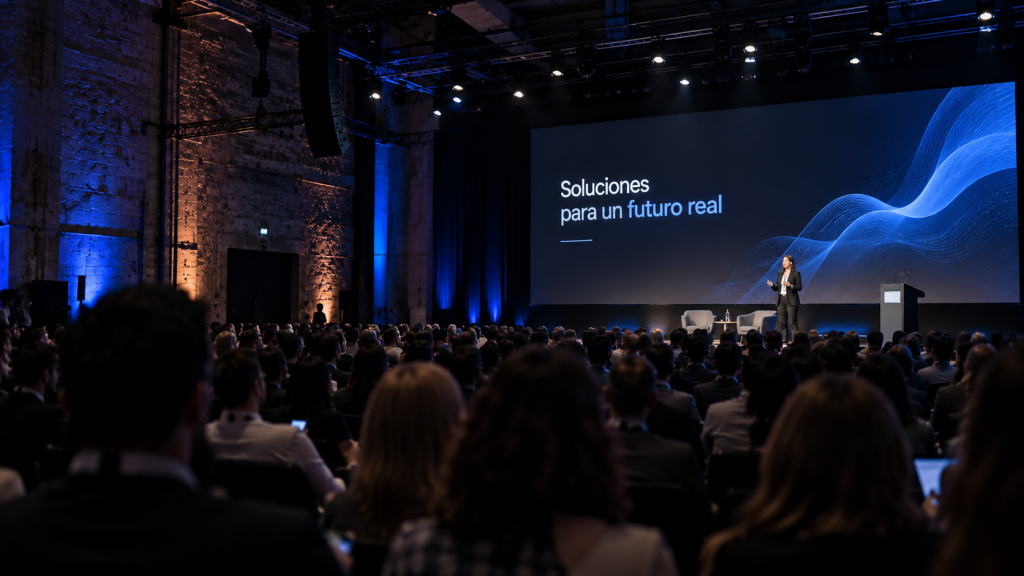 Público de un evento corporativo siguiendo una presentación en una gran pantalla LED desde las filas traseras